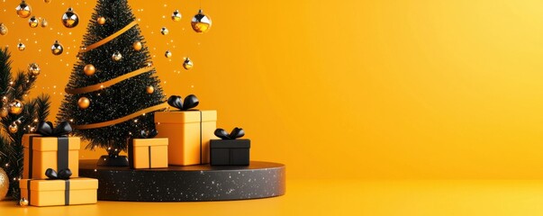 Festive holiday scene with christmas tree and gifts bright yellow background digital art cheerful atmosphere close-up view