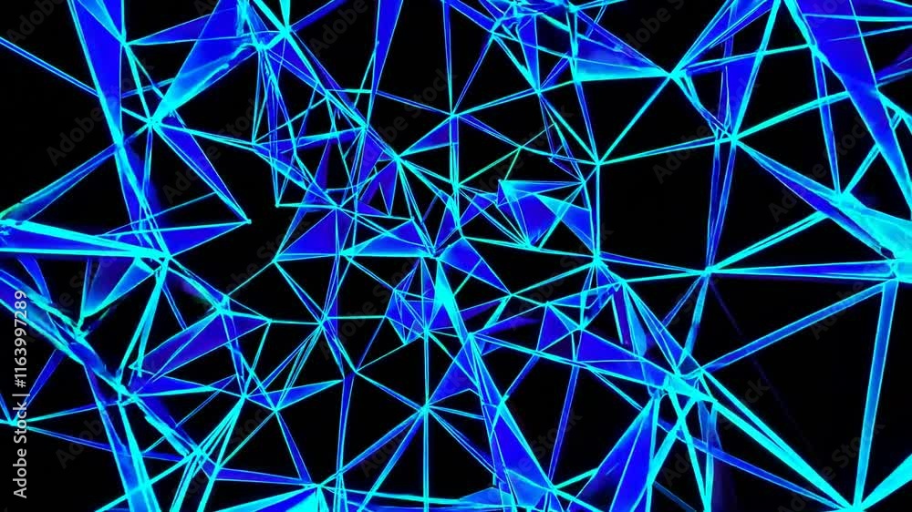 Poster abstract geometric design featuring blue and black colors, showcasing a dynamic arrangement of trian