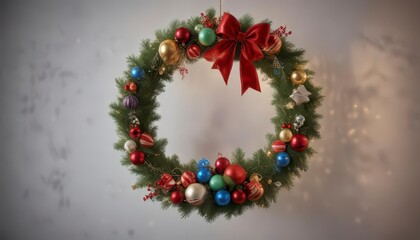 A hanging Christmas wreath with colorful ornaments and lights,  lights,  holiday,  festive