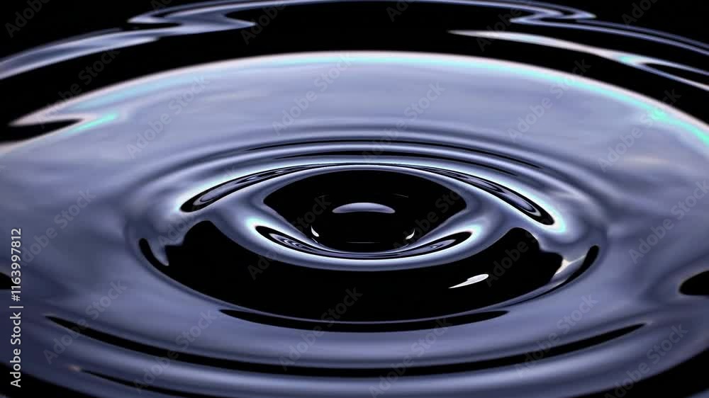 Poster a close-up view of a water drop creating circular ripples on a dark surface, illustrating motion and