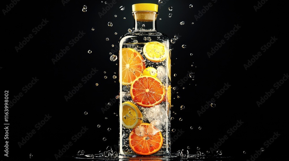 Poster a vibrant water burst with floating citrus slices and sparkling droplets, creating a refreshing drin