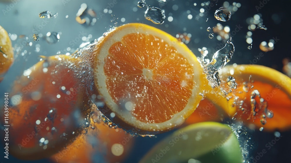 Aufkleber a vibrant water burst with floating citrus slices and sparkling droplets, creating a refreshing drin