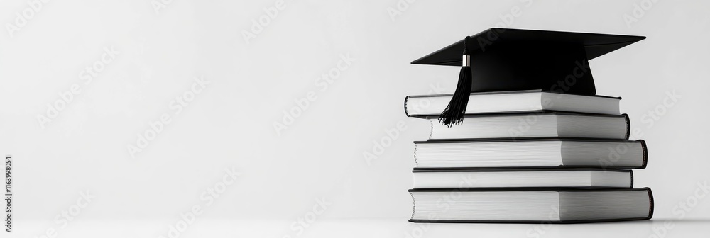 Poster stack of books on the table with white background. copy space.