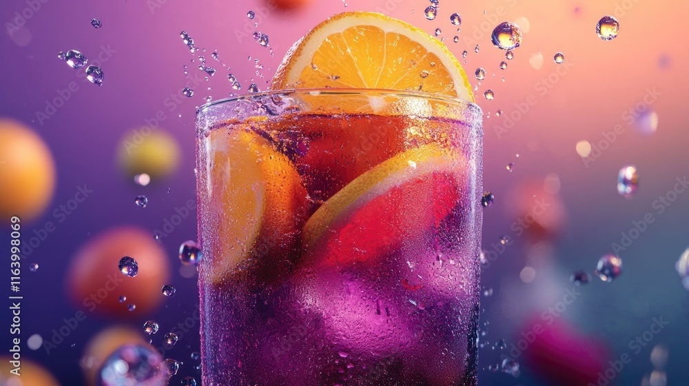 Poster a vibrant water burst with floating citrus slices and sparkling droplets, creating a refreshing drin
