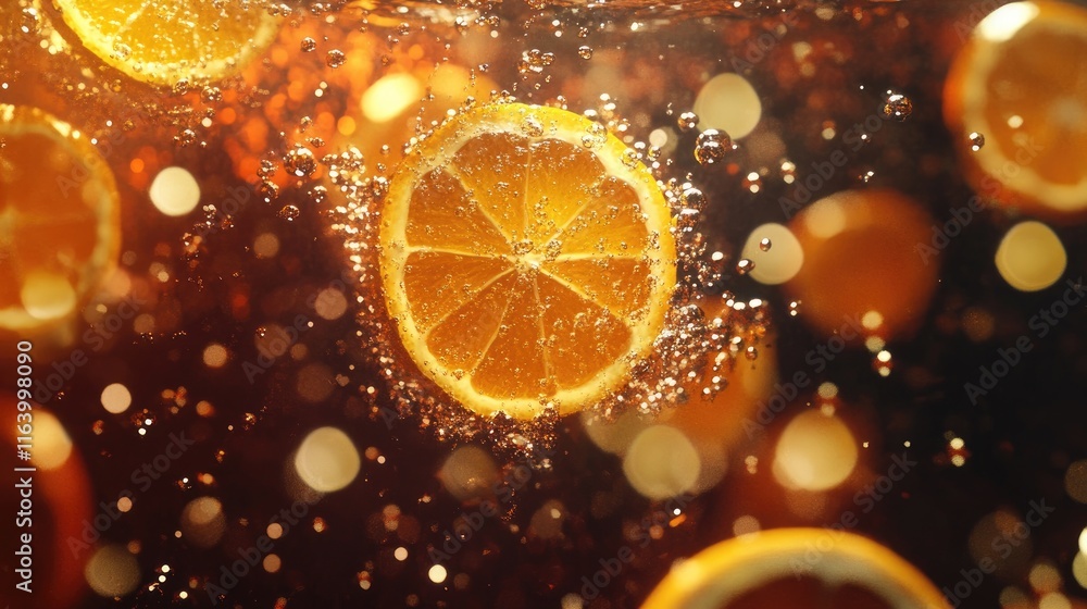Poster a vibrant water burst with floating citrus slices and sparkling droplets, creating a refreshing drin
