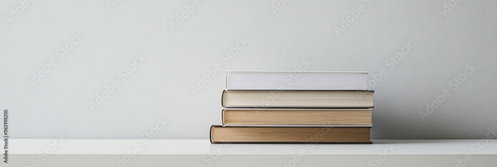 Poster stack of books on the table with white background. copy space.