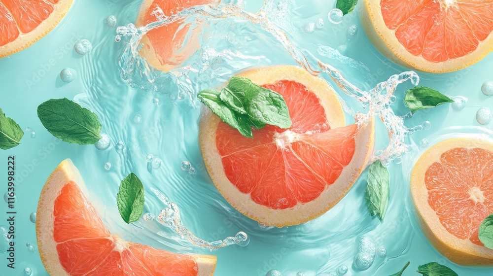 Poster a vibrant water splash with grapefruit slices and mint leaves, creating a zesty and invigorating sce