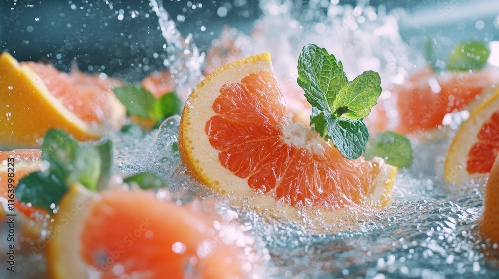 Poster a vibrant water splash with grapefruit slices and mint leaves, creating a zesty and invigorating sce
