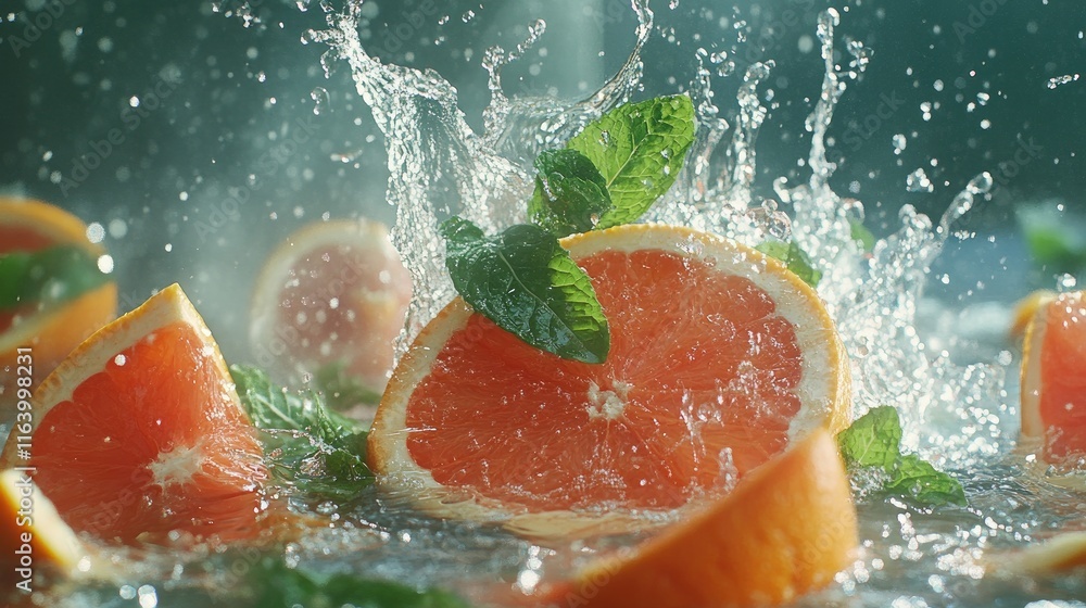 Poster a vibrant water splash with grapefruit slices and mint leaves, creating a zesty and invigorating sce