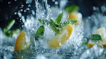 A bold and bright splash of water with lemon wedges and mint leaves, frozen mid-air for a crisp visual