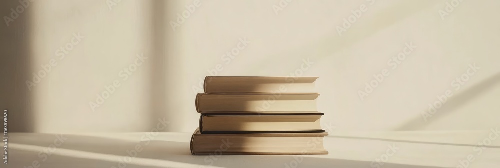 Poster stack of books on the table with white background. copy space.