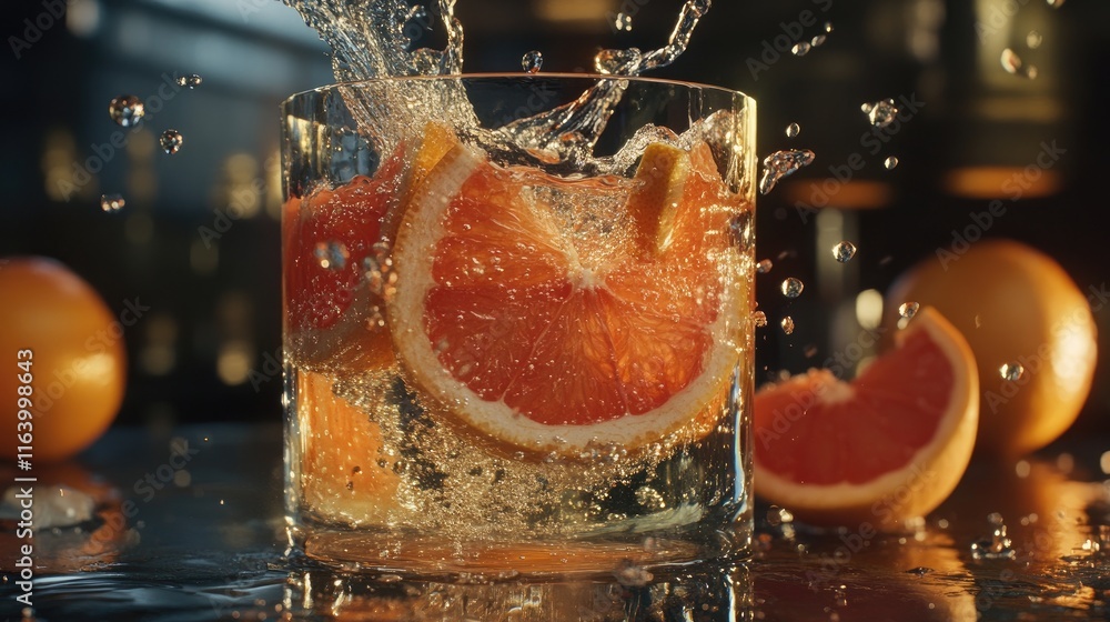 Poster a bold burst of water with bright grapefruit slices and sparkling droplets, creating a zesty visual 