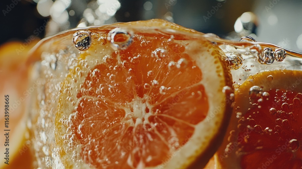Aufkleber a bold burst of water with bright grapefruit slices and sparkling droplets, creating a zesty visual 