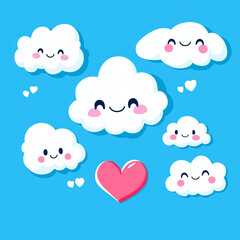 A collection of cartoon-style clouds in playful shapes, including heart motifs, set against a light blue background. The whimsical design adds charm to creative projects.