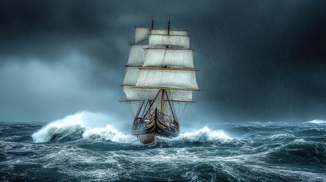 Three-masted ship braving stormy sea, rain.