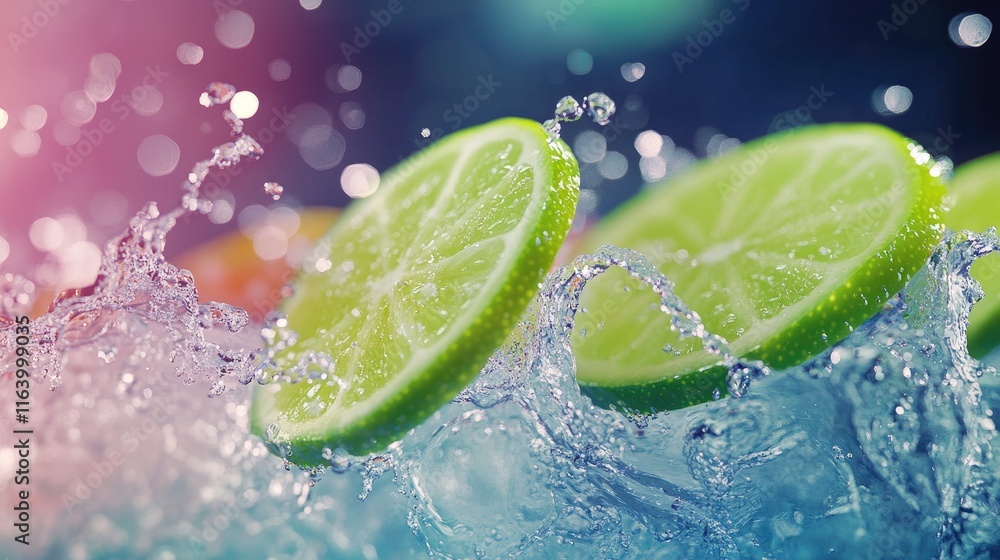Poster a bold splash of water featuring vibrant lime slices and sparkling details, creating a zesty drink v
