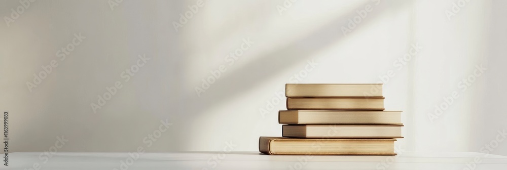 Poster stack of books on the table with white background. copy space.