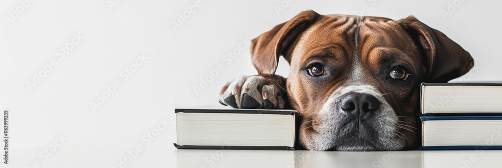 Poster stack of books on the table with white background. copy space.