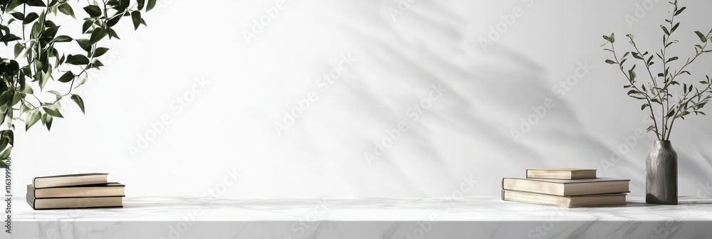 Poster stack of books on the table with white background. copy space.