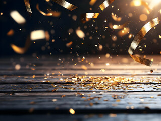 Golden confetti falling on a wooden surface.