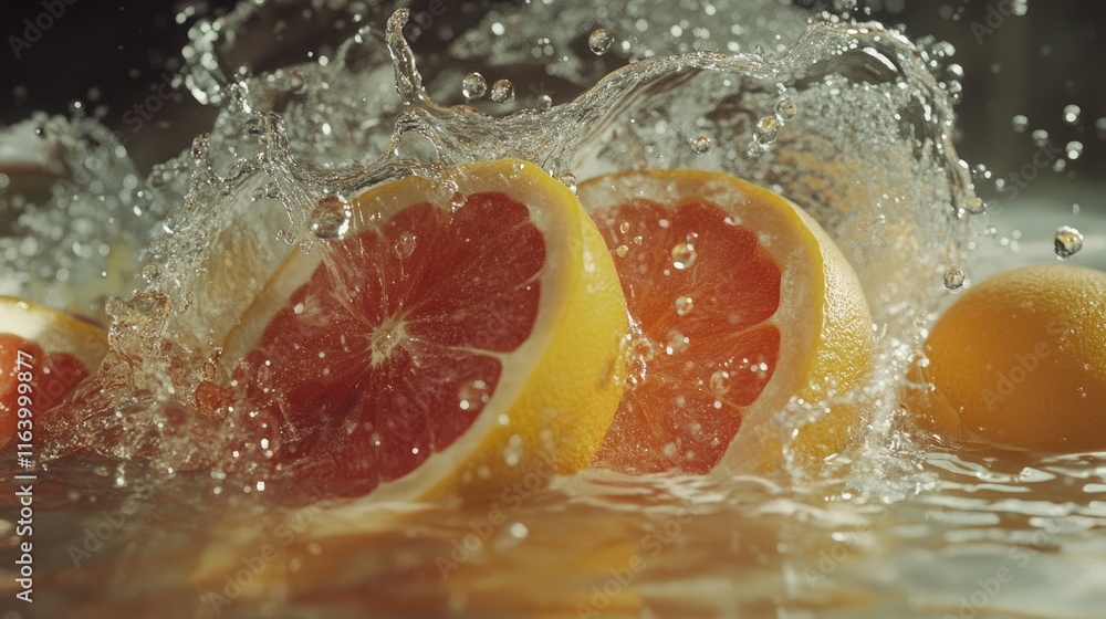 Poster a bright water splash featuring lemon and grapefruit slices with sparkling droplets frozen in motion