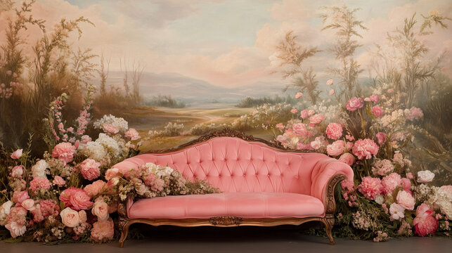 Pastel Dreams: A Victorian-era boudoir featuring a plush pink sofa adorned with an abundance of blossoms against a dreamy, soft-focus landscape backdrop.