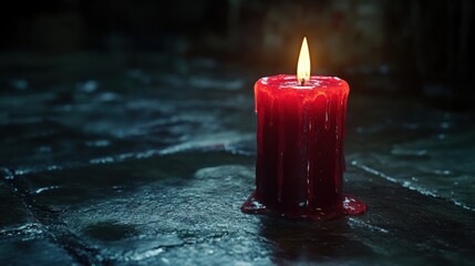 Glowing Red Candle on Dark Surface with Wax Dripping Effect