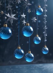 Blue background with suspended glass balls and metallic stars in a wintery pattern,  decorative accents,  metallic star ornaments