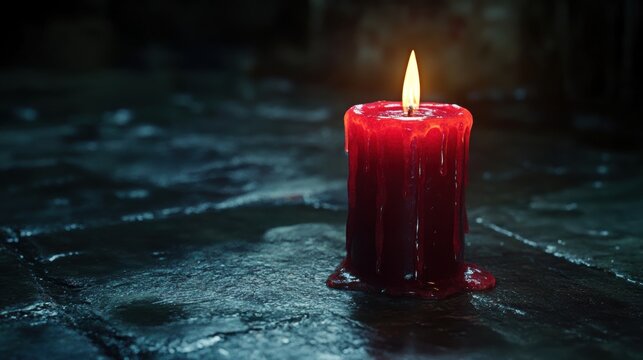 Glowing Red Candle on Dark Surface with Wax Dripping Effect
