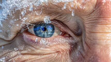 Close-up of a Frosted Blue Eye Surrounded by Ice Crystals