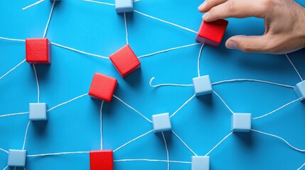 Hand Moving Red Block Among Blue Blocks on Colorful Abstract Network Background
