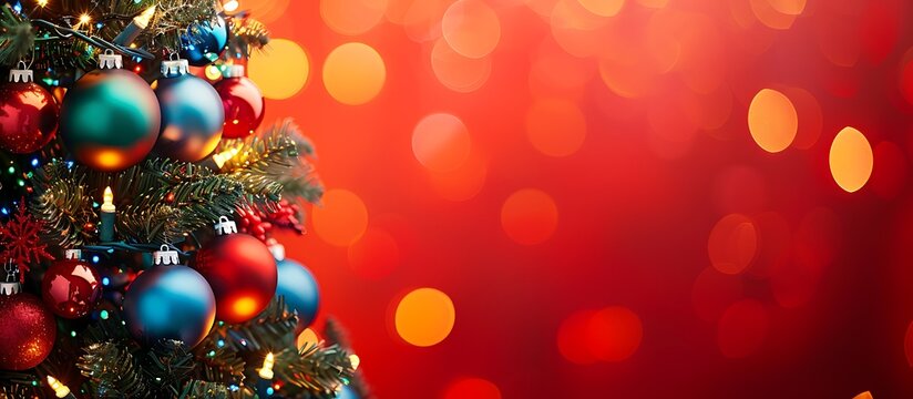 A festive Christmas tree decorated with colorful baubles and shimmering bokeh lights, set on a vibrant red background. Room for seasonal text.