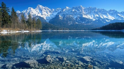 Serene Alpine Lake with Snowy Mountains and Clear Blue Reflection