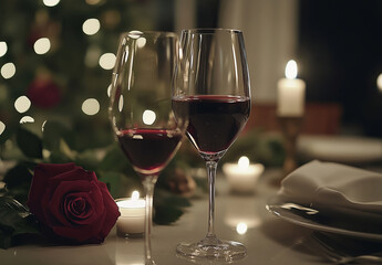 A table with wine, roses, candles, and a couple holding hands creates an intimate, romantic ambiance with soft lighting.