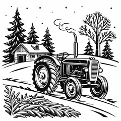 Christmas Cottage Farm tractor Black silhouette