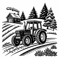 Christmas Cottage Farm tractor Black silhouette