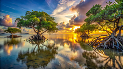 Serene mangrove coast at sunset, reflecting vibrant colors in water
