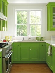 Bright Green Kitchen With White Trim And Natural Wood Floor