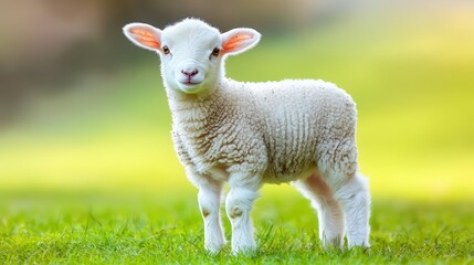 Obraz premium Adorable Lamb Standing on Green Grass in Soft Natural Light