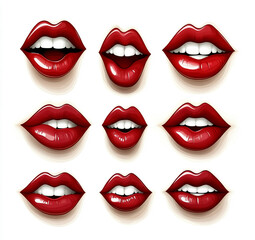 Playful red lips in bold cartoon styles adorn a white backdrop. Each unique design celebrates individuality and creative expression.
