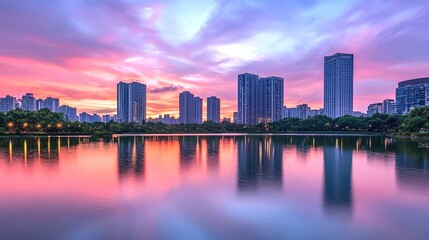 Fototapeta premium Serene Cityscape Reflection at Dusk with Colorful Cloud Scenery