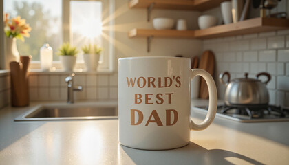 Coffee mug with "World's Best Dad" in bright kitchen setting