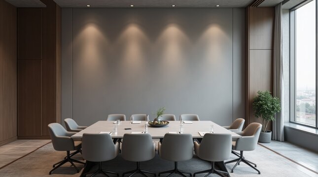 A luxurious meeting room featuring a blank gray wall provides a sophisticated and professional backdrop for corporate events and presentations