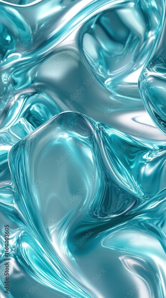 Poster a fluid, abstract design featuring smooth, reflective turquoise shapes and textures.