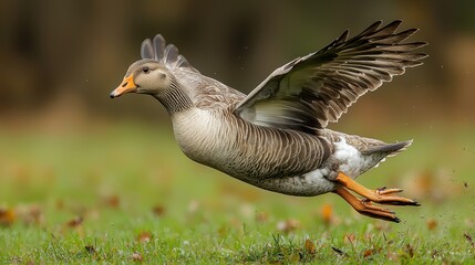 Flying Goose Takes Off from Ground in Natural Habitat Environment