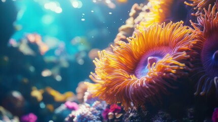 Fototapeta premium Colorful Anemones Blooming Underwater with Sunlight