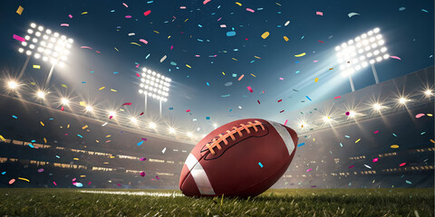 Exciting super bowl sunday celebration with football under stadium lights.