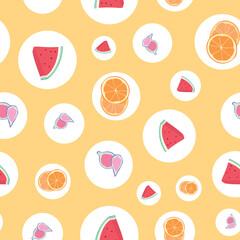 Bright colorful Vector Seamless pattern with fruits: strawberry, watermelon, orange, fig. Great for textiles, kitchen decor, cooking design, packegaging