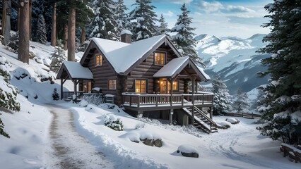 A peaceful cabin nestled under the shadow of towering snow-covered mountains, with soft snow on the ground.
