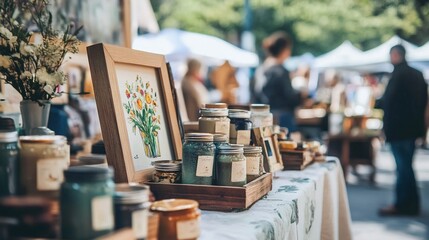 Handmade crafts displayed at an outdoor market, featuring artwork, candles, and jars.